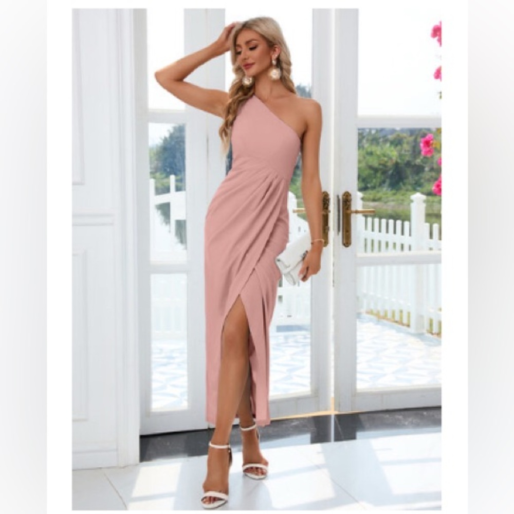 JJ House Elegant Pink One-Shoulder Sheath/Column Stretch Maxi Dress Size M NWT💗